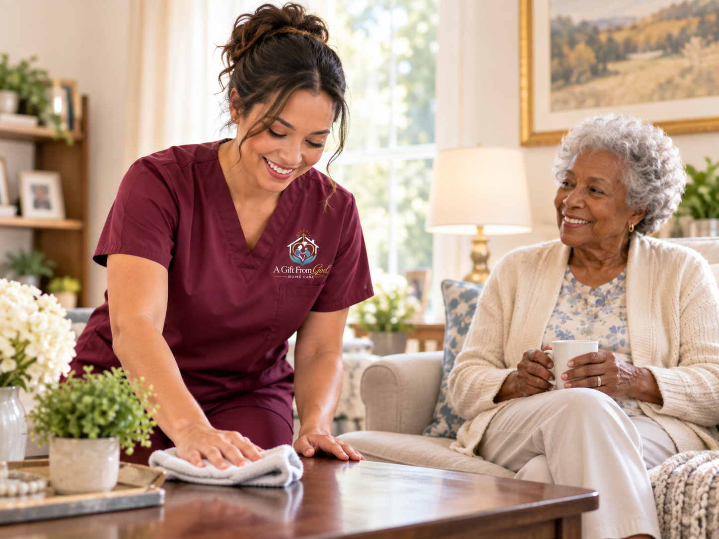 Caregiver keeping living space clean, tidy, and sanitized for senior client